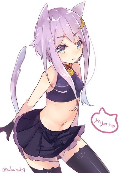 Anime picture 650x900 with kantai collection yayoi destroyer sakofu single long hair tall image looking at viewer blush short hair blue eyes signed animal ears purple hair tail animal tail cat ears cat girl cat tail character names bell collar
