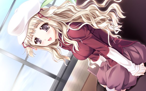 Anime picture 1024x640 with hatsukoi yohou (game) long hair open mouth blonde hair wide image game cg black eyes girl