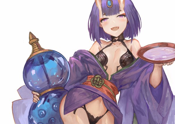 Anime picture 4093x2894 with fate (series) fate/grand order shuten douji (fate) akizone single looking at viewer blush highres short hair open mouth light erotic simple background standing white background purple eyes absurdres purple hair :d horn (horns) off shoulder