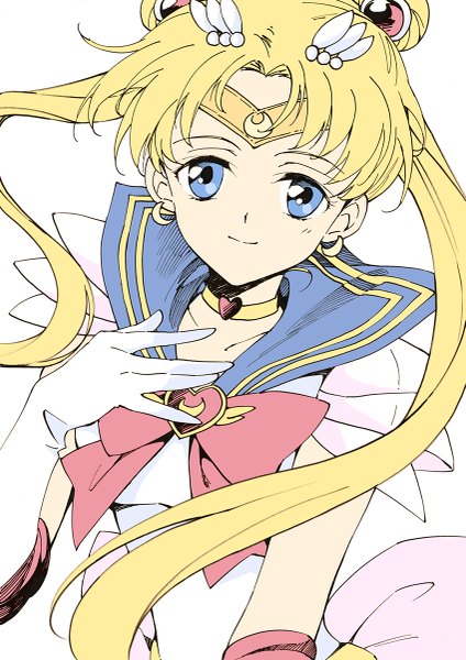 Anime picture 849x1200 with bishoujo senshi sailor moon toei animation tsukino usagi sailor moon super sailor moon agahari single long hair tall image looking at viewer blue eyes simple background blonde hair white background twintails girl gloves earrings choker elbow gloves