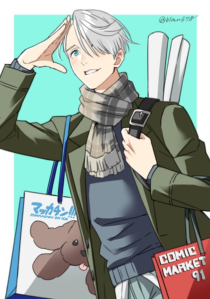 Anime picture 780x1110 with yuri!!! on ice mappa viktor nikiforov makkachin natsuko (bluecandy) single tall image blush fringe short hair simple background looking away silver hair parted lips aqua eyes hair over one eye salute aqua background boy scarf