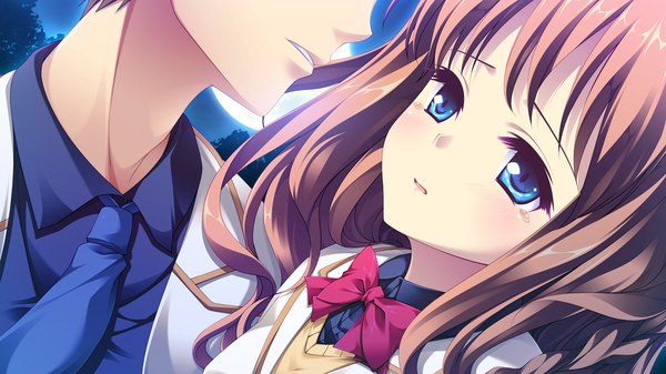 Anime picture 1920x1080 with melty moment orie yuuka long hair blush highres open mouth blue eyes brown hair wide image game cg night couple girl boy uniform school uniform bowtie
