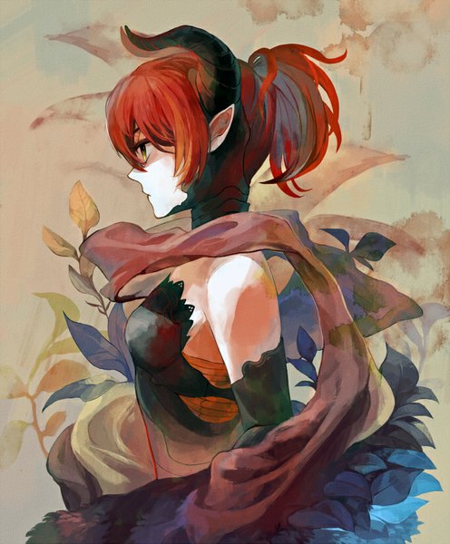 Anime picture 680x822 with original oburaato single tall image short hair bare shoulders yellow eyes ponytail red hair profile horn (horns) pointy ears girl plant (plants) scarf