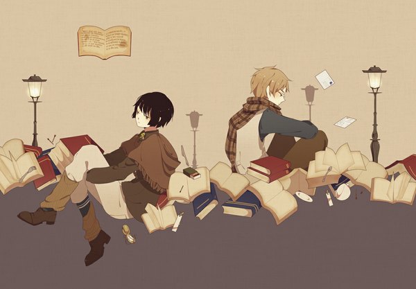 Anime picture 1150x800 with axis powers hetalia studio deen united kingdom (hetalia) japan (hetalia) tagme (artist) short hair black hair blonde hair sitting back to back boy scarf book (books) clock cup lantern pocket watch lamppost letter poncho