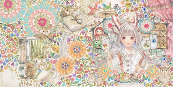 Anime picture 1700x861 with touhou fujiwara no mokou yogisya single long hair blush fringe open mouth wide image purple eyes looking away white hair girl flower (flowers) bow hair bow animal bird (birds) book (books) curtains