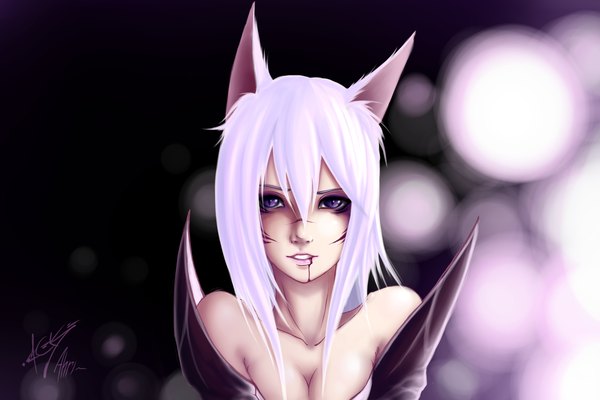 Anime-Bild 3000x2000 mit league of legends ahri (league of legends) zackargunov single long hair looking at viewer highres open mouth smile purple eyes bare shoulders signed animal ears white hair portrait girl blood