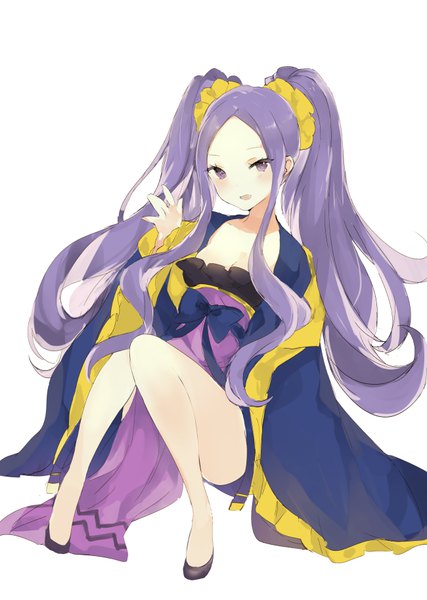 Anime picture 650x914 with fate (series) fate/grand order wu zetian (fate/grand order) lpip single long hair tall image looking at viewer blush breasts open mouth simple background white background sitting twintails purple eyes purple hair long sleeves traditional clothes bare legs