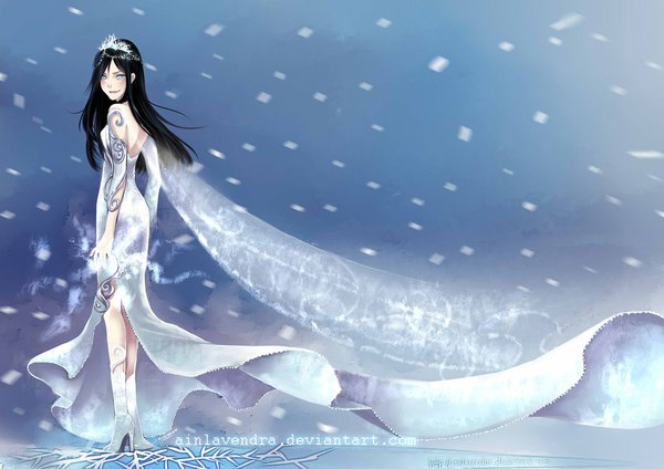 Anime picture 1024x724 with original ainlavendra (artist) single long hair looking at viewer blush blue eyes black hair smile standing looking back wind high heels back magic watermark snowing winter snow bare back
