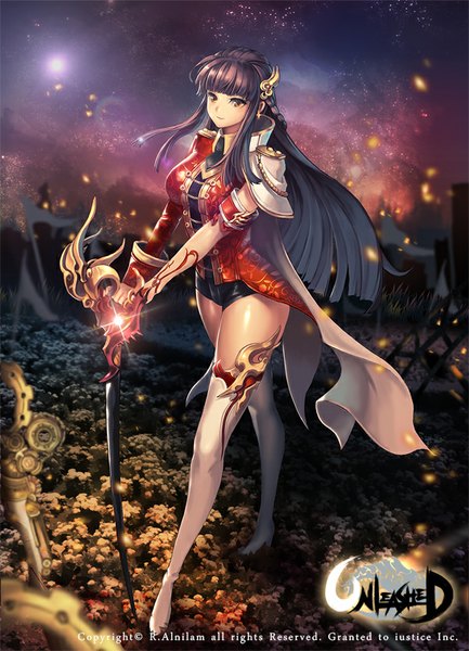Anime picture 600x831 with unleashed r.alnilam single long hair tall image fringe breasts black hair large breasts standing yellow eyes light smile girl weapon earrings sword clothes
