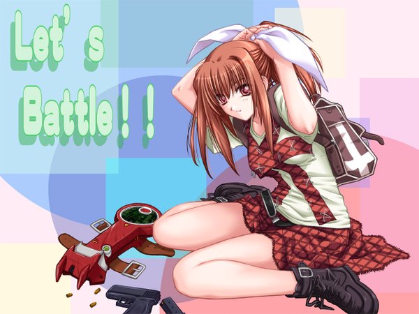 Anime picture 1280x960 with ponytail girl skirt gun mindead blood