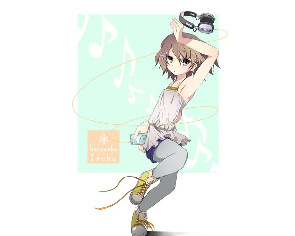 Anime picture 4000x3200 with hanasaku iroha p.a. works ipod matsumae ohana single blush highres short hair blonde hair simple background brown eyes absurdres inscription armpit (armpits) girl hair ornament headphones wire (wires) sneakers