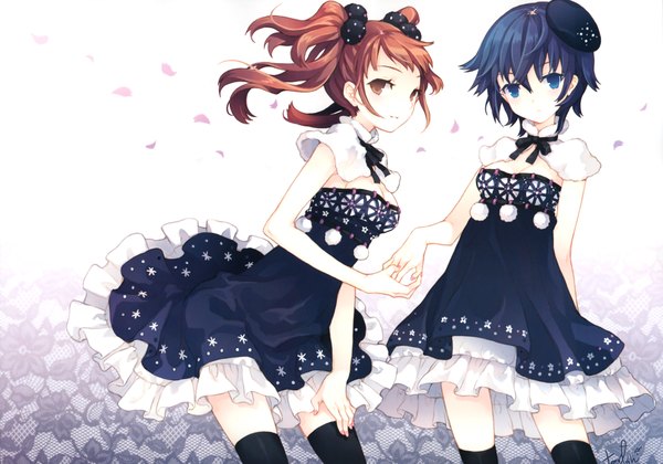 Anime picture 8536x5988 with persona 4 persona kujikawa rise shirogane naoto long hair highres short hair blue eyes black hair multiple girls brown eyes absurdres red hair holding hands girl thighhighs dress black thighhighs 2 girls hat