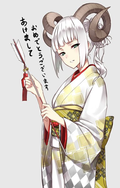 Anime picture 557x870 with original fame peera single long hair tall image fringe simple background green eyes payot looking away silver hair ponytail traditional clothes japanese clothes horn (horns) grey background text new year happy new year akeome