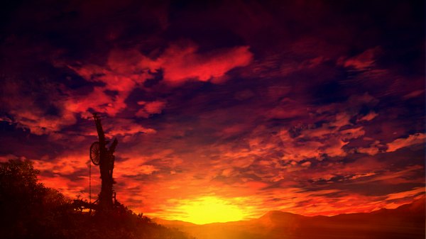 Anime picture 1600x900 with original mks wide image sky cloud (clouds) wallpaper no people landscape scenic red sky plant (plants) tree (trees) rope bushes wheel