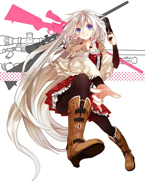 Anime picture 799x1018 with vocaloid ia (vocaloid) musou yuchi single tall image looking at viewer blue eyes blonde hair simple background smile white background braid (braids) very long hair twin braids girl skirt weapon pantyhose gun knee boots