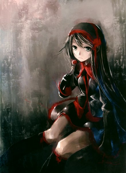 Anime picture 3092x4227 with tokyo cpe - gothic (artbook) original kei (keigarou) single long hair tall image looking at viewer highres black hair sitting absurdres grey background grey eyes gothic girl dress hair ornament food knee boots fruit