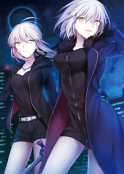 Anime picture 800x1120 with fate (series) fate/grand order fate/stay night fate/apocrypha artoria pendragon (all) jeanne d'arc (fate) (all) jeanne d'arc alter (fate) saber alter wowishi long hair tall image looking at viewer short hair breasts open mouth blonde hair large breasts standing holding yellow eyes