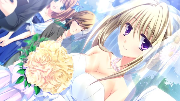 Anime picture 1024x576 with strawberry nauts suzunae houmi single long hair looking at viewer blonde hair wide image purple eyes game cg sky cloud (clouds) girl dress flower (flowers) white dress bouquet wedding dress