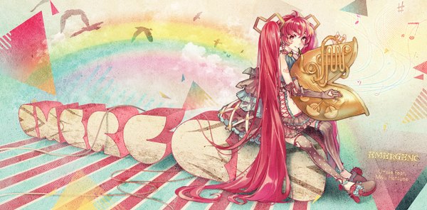 Anime picture 1280x632 with vocaloid hatsune miku siting zeng single blush smile red eyes wide image sitting twintails bare shoulders looking away pink hair ahoge very long hair inscription alternate hair color girl dress gloves