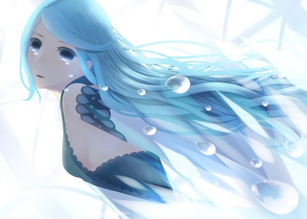 Anime picture 1400x1000 with bounin long hair blue eyes bare shoulders blue hair tears crying girl