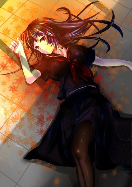 Anime picture 1200x1694 with tasogare otome x amnesia silver link kanoe yuuko koruse single long hair tall image red eyes purple hair lying girl skirt serafuku leaf (leaves)