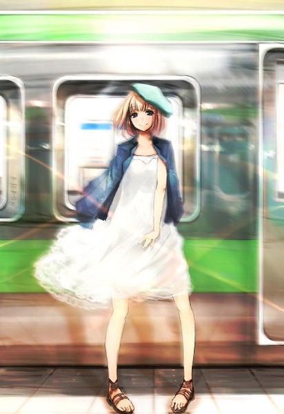 Anime picture 825x1200 with original kinobori0322 single tall image looking at viewer fringe short hair blonde hair smile standing wind shadow girl dress jacket white dress sundress toes sandals train