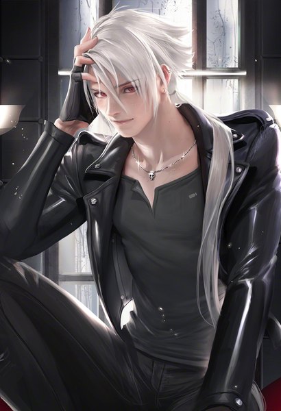 Anime picture 1026x1500 with mystic messenger zen (mystic messenger) sakimichan single long hair tall image looking at viewer fringe smile sitting signed bent knee (knees) white hair lips realistic arm support sparkle hand on head albino leather