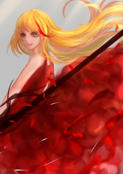 Anime picture 2480x3507 with original pixiv fantasia pixiv fantasia t yuuko single long hair tall image looking at viewer highres simple background blonde hair smile white background green eyes parted lips multicolored hair lips two-tone hair streaked hair sleeveless