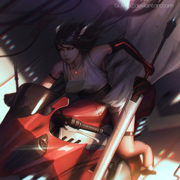 Anime picture 900x900 with guweiz single long hair black hair red eyes lips sleeveless girl dress weapon shoes belt pendant thigh strap spear motorcycle