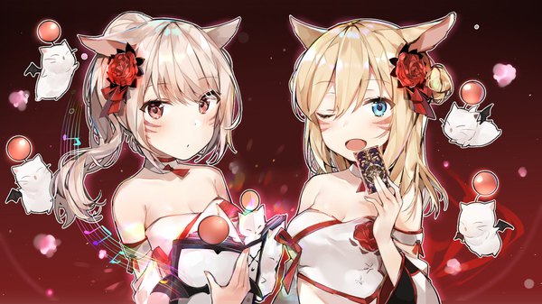 イラスト 1920x1080 と ファイナルファンタシー ファイナルファンタジーxiv square enix ミコッテ モーグリ sabet (young ouo) 長髪 カメラ目線 赤面 highres 開いた口 青い目 金髪 wide image 肩出し multiple girls 獣耳 upper body ポニーテール one eye closed