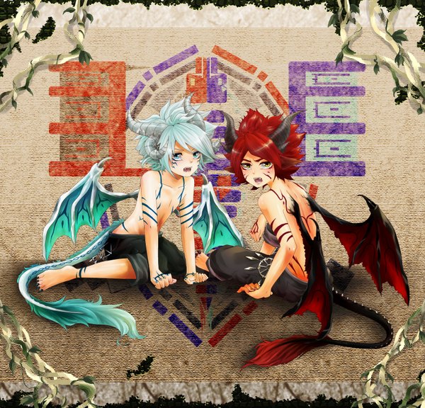 Anime picture 1579x1518 with inazuma eleven nagumo haruya suzuno fuusuke yu-ka (artist) short hair blue eyes sitting yellow eyes blue hair red hair tail nail polish fingernails teeth fang (fangs) tattoo long fingernails demon demon boy boy