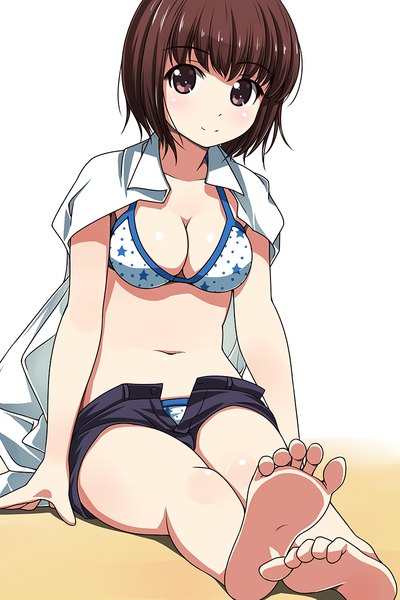 Anime picture 800x1200 with original matsunaga kouyou single tall image looking at viewer short hair breasts light erotic simple background brown hair white background brown eyes barefoot girl navel shorts lingerie bra short shorts