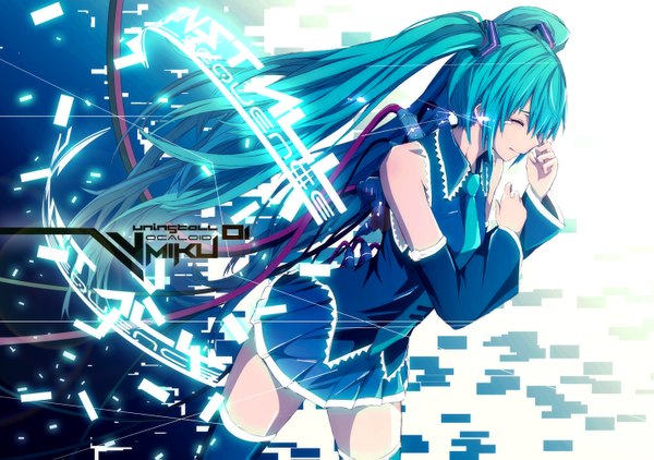 Anime picture 1476x1039 with vocaloid hatsune miku merontomari single twintails bare shoulders eyes closed very long hair aqua hair tears girl skirt detached sleeves wire (wires)