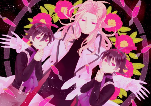 Anime picture 1200x849 with mawaru penguindrum watase sanetoshi shirase (mawaru penguindrum) souya (mawaru penguindrum) jira007 (artist) short hair open mouth smile brown hair pink hair pink eyes multiple boys spread arms group twins boy flower (flowers) hairband child (children) suspenders