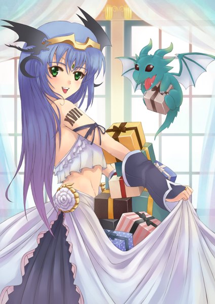 Anime picture 2480x3507 with original sawwei005 single long hair tall image looking at viewer blush highres open mouth green eyes blue hair girl dress hair ornament gift dragon