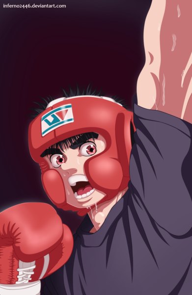 Anime picture 724x1110 with hajime no ippo makunouchi ippo inferno2446 single tall image short hair open mouth black hair simple background pink eyes sweat coloring boy uniform t-shirt gym uniform boxing gloves