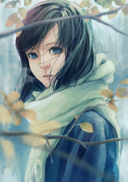 Anime picture 1004x1417 with original pochi (author) single tall image looking at viewer short hair open mouth blue eyes blue hair wind exhalation girl scarf leaf (leaves) branch autumn leaves