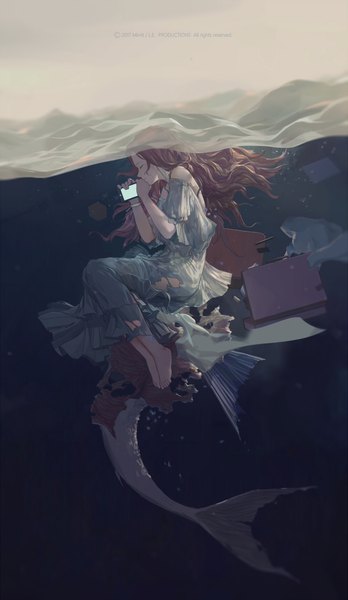 Anime picture 1075x1850 with original mivit single long hair tall image brown hair bare shoulders signed full body bent knee (knees) tail eyes closed profile barefoot torn clothes underwater monster girl fish tail girl dress