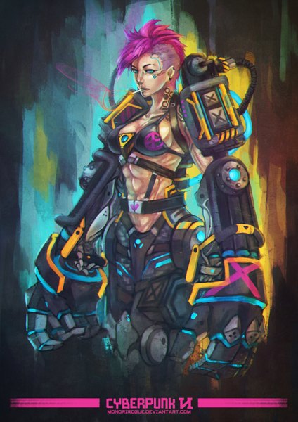 Anime picture 2477x3508 with league of legends vi (league of legends) monori rogue single tall image looking at viewer highres short hair breasts blue eyes light erotic pink hair lips muscle mechanical cyberpunk girl cigarette