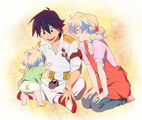 Anime picture 1091x924 with tengen toppa gurren lagann gainax nia teppelin simon boota long hair blush short hair open mouth black hair simple background blonde hair eyes closed multicolored hair black eyes girl boy uniform star (symbol) child (children)