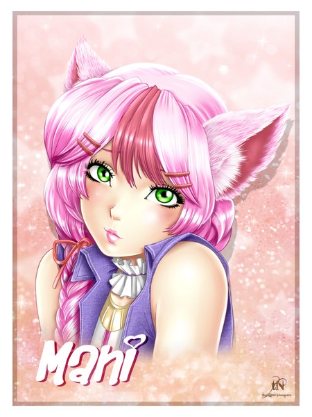 Anime picture 1500x2000 with original thenightwishmaster single long hair tall image looking at viewer blush green eyes animal ears pink hair lips cat ears girl hair ornament hairclip clothes