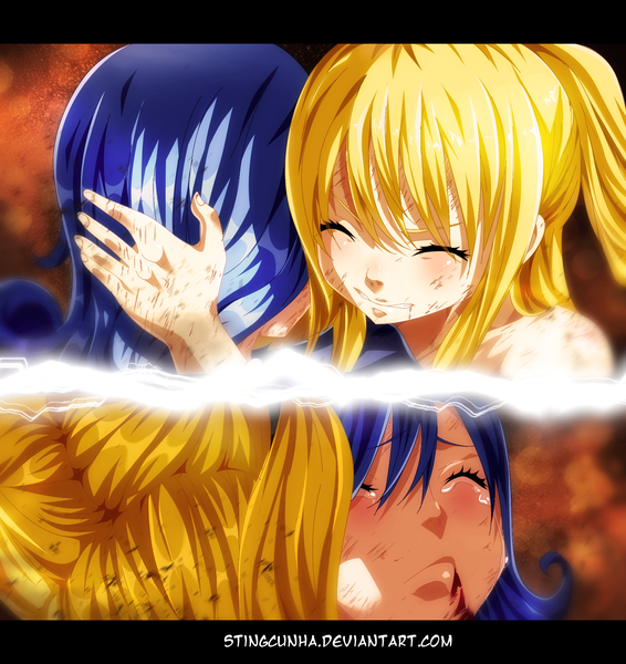 Anime picture 2000x2122 with fairy tail lucy heartfilia juvia lockser stingcunha long hair tall image highres blonde hair twintails multiple girls blue hair eyes closed hug tears coloring letterboxed crying clenched teeth manga girl