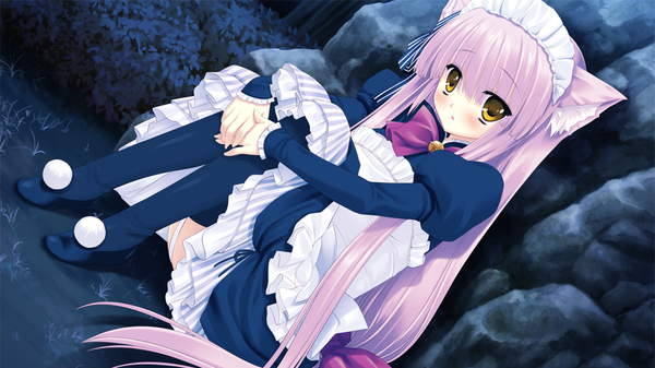 Anime picture 1024x576 with nekonade distortion nanakase gizmo single long hair blonde hair wide image sitting animal ears yellow eyes game cg cat ears maid girl thighhighs black thighhighs