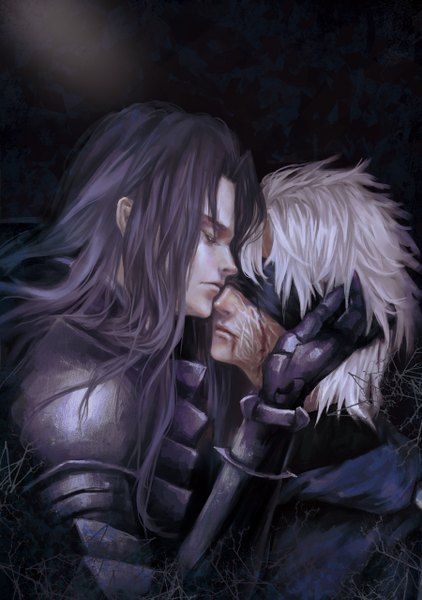 Anime picture 900x1278 with fate (series) fate/zero type-moon berserker (fate/zero) matou kariya fin (pixiv) long hair tall image fringe holding silver hair purple hair lips multiple boys hug dark background scar boy gloves armor