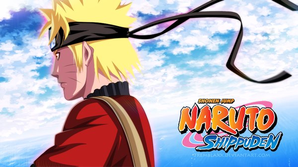 Anime picture 1600x900 with naruto studio pierrot naruto (series) uzumaki naruto tremblax single short hair blonde hair wide image yellow eyes sky cloud (clouds) profile inscription coloring facial mark whisker markings jinchuriki boy sea