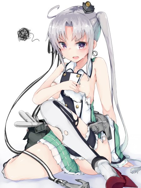 Anime picture 900x1200 with kantai collection akitsushima seaplane tender monobe tsukuri single long hair tall image looking at viewer blush fringe open mouth light erotic simple background white background sitting purple eyes twintails bare shoulders silver hair high heels alternate costume