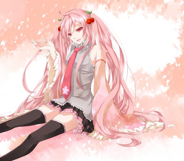 Anime picture 1650x1450 with vocaloid hatsune miku sakura miku ginshachi (artist) single long hair red eyes twintails pink hair very long hair girl thighhighs skirt black thighhighs miniskirt petals necktie