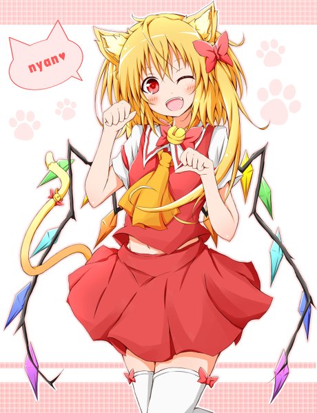 Anime picture 1075x1400 with touhou flandre scarlet karamoneeze single long hair tall image looking at viewer blush short hair open mouth blonde hair red eyes animal ears tail animal tail one eye closed wink cat ears cat girl cat tail