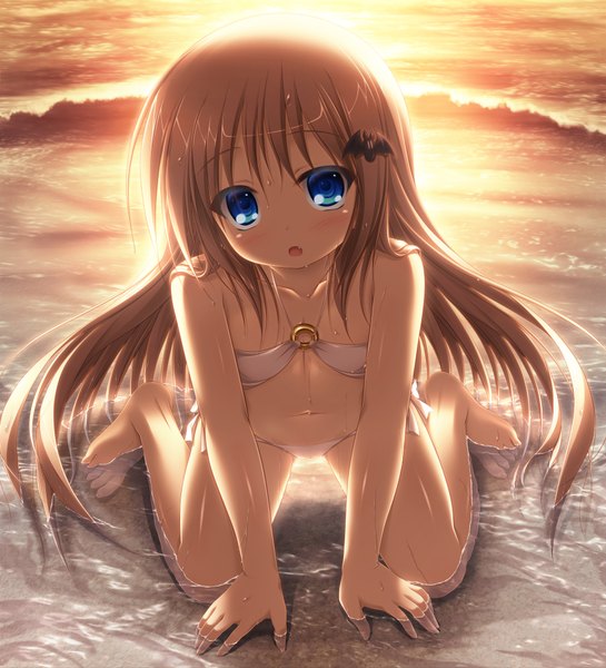 Anime picture 3500x3850 with little busters! key (studio) noumi kudryavka mizunoe kotaru single long hair tall image looking at viewer blush highres open mouth blue eyes light erotic bare shoulders absurdres barefoot teeth bare legs bare belly :o