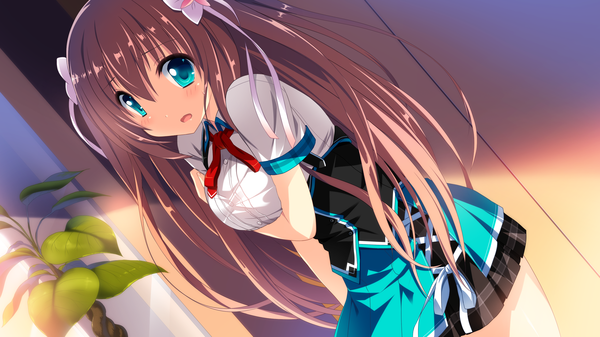 Anime picture 2560x1440 with cocoro@function! hasugase mina long hair looking at viewer blush highres open mouth blue eyes brown hair wide image game cg girl uniform bow hair bow school uniform